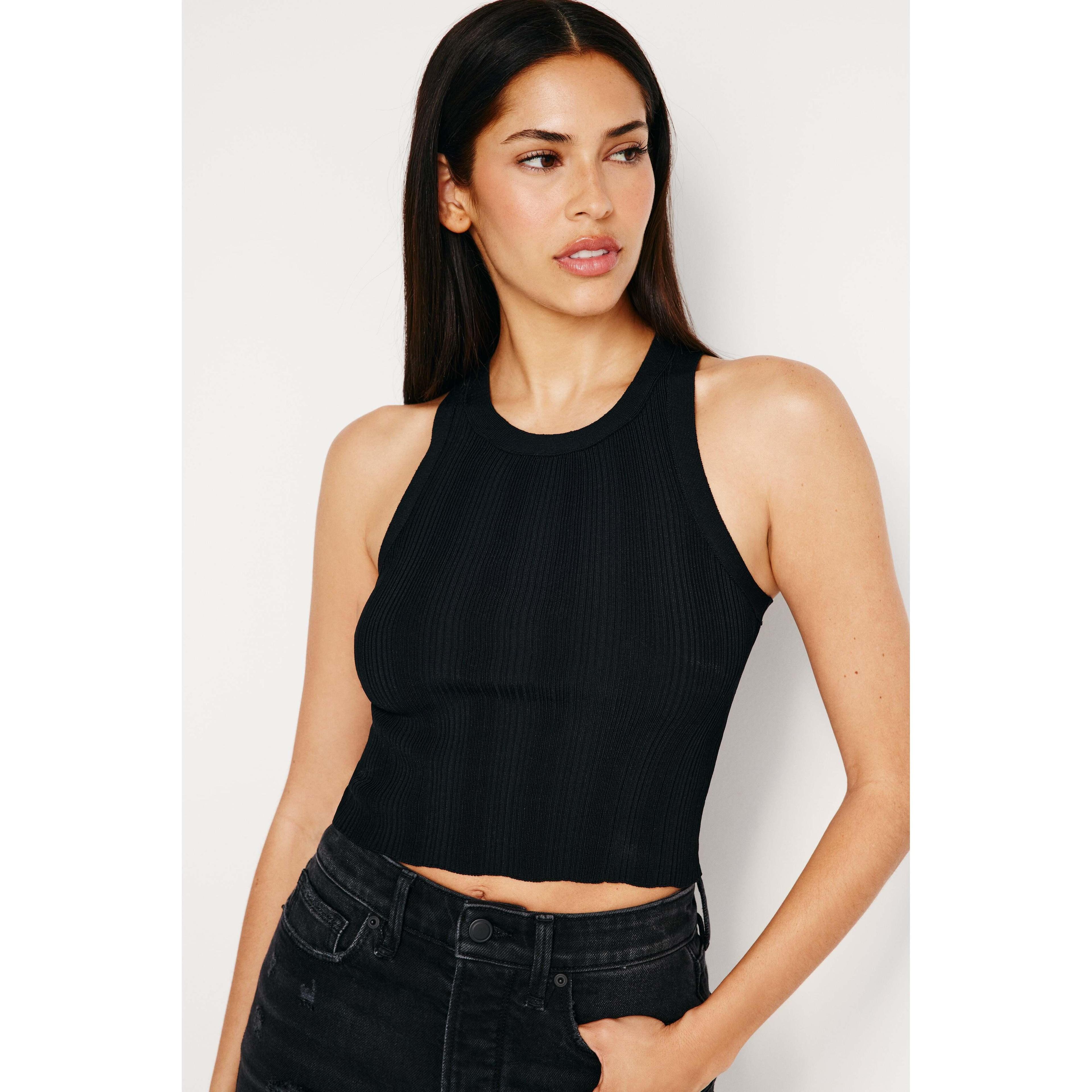 Womens Ribbed Knit Cropped Tank Top | Black, Size Large | Good American by Khlo Kardashian Product Image