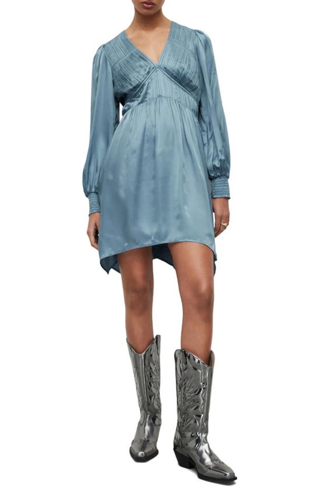 Esta Long Sleeve Asymmetric Hem Dress In Blue Slate Product Image