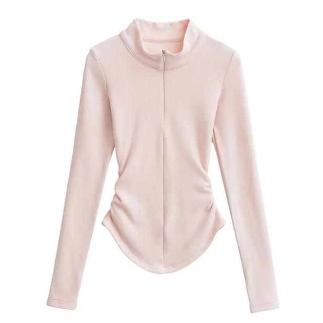 Long-Sleeve High Neck Plain Shirred T-Shirt Product Image