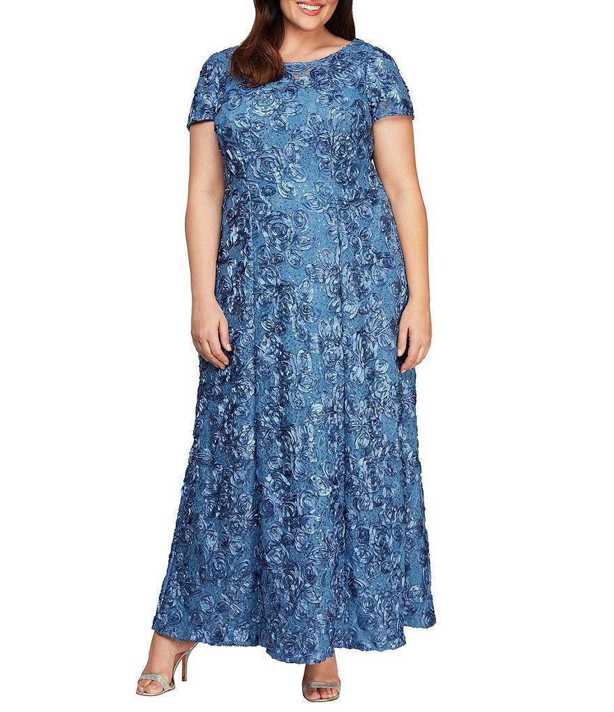 Alex Evenings Plus Size Crew Neck Floral Rosette Short Sleeve A-Line Gown Product Image