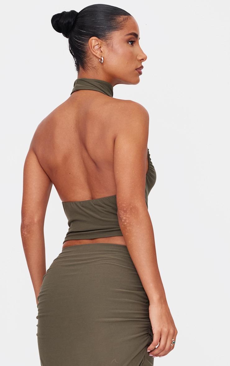 Khaki Soft Touch Ruched Halter Crop Top Product Image