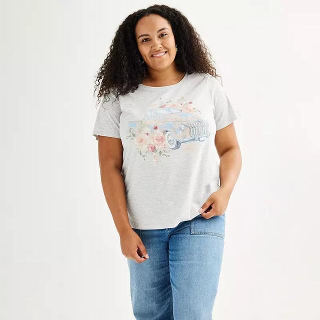 Womens Plus Floral Truck Graphic Tee Oatmeal Grey Product Image