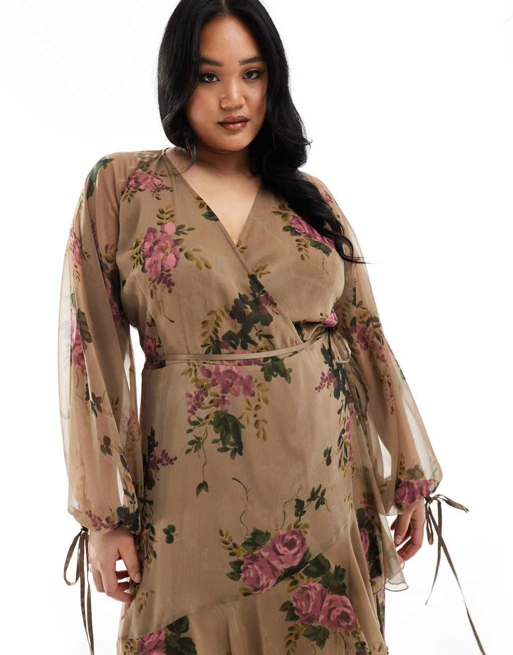 ASOS DESIGN Curve Exclusive long sleeve chiffon wrap midi dress in green floral print Product Image