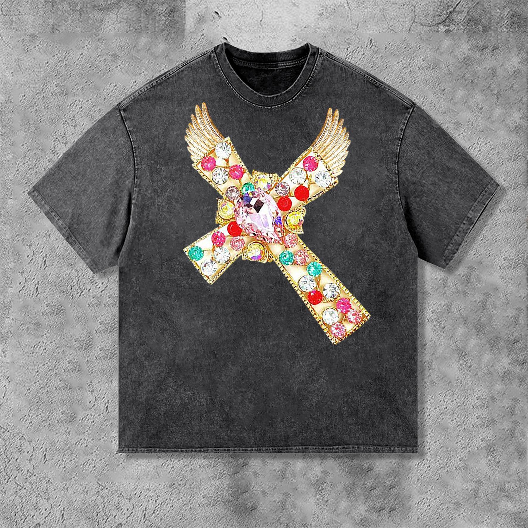 Vintage Diamond Cross Graphic Print Acid Washed T-Shirt Product Image