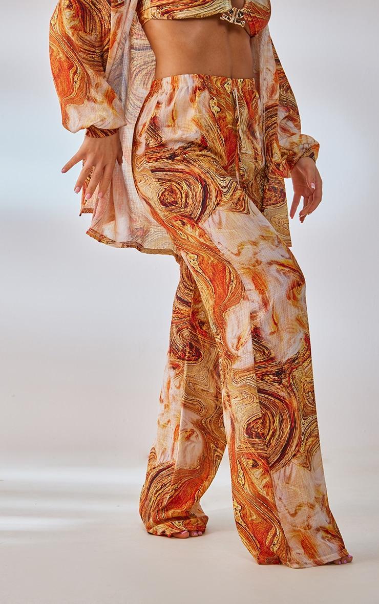 Orange Marble Print Crinkle Textured Wide Leg Beach Pants Product Image