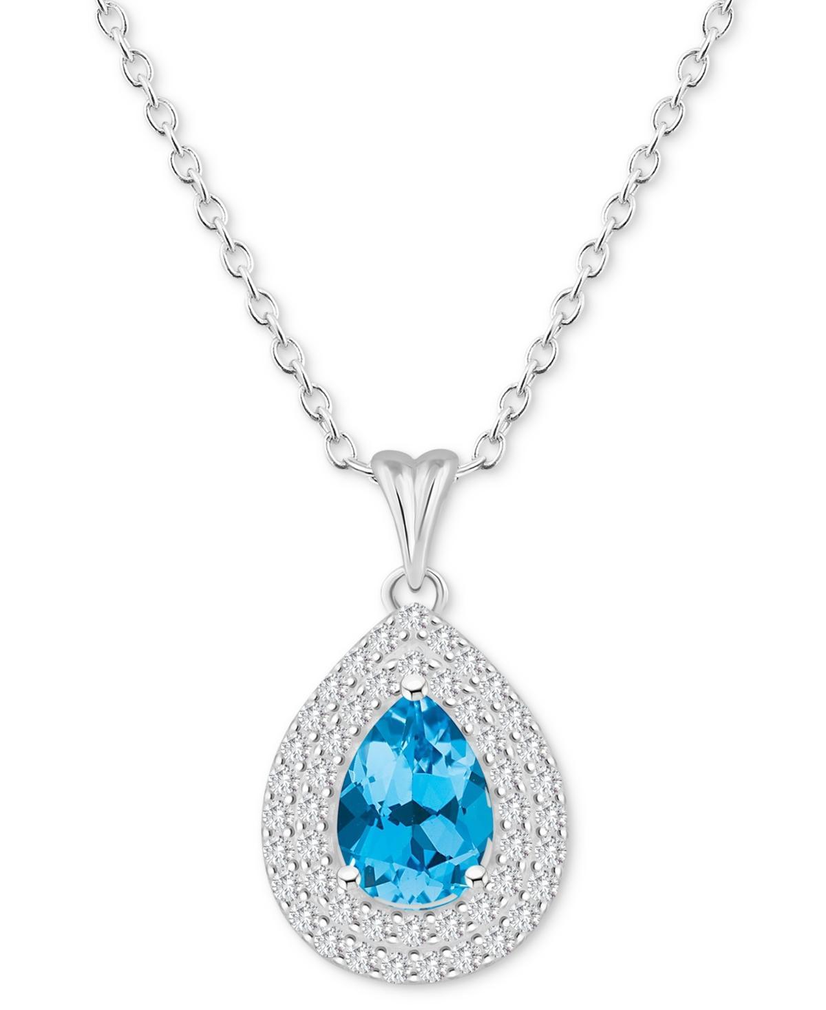 Celebration Gems Sterling Silver Teardrop Swiss Blue Topaz & White Topaz Double Halo Pendant Necklace, Womens Product Image