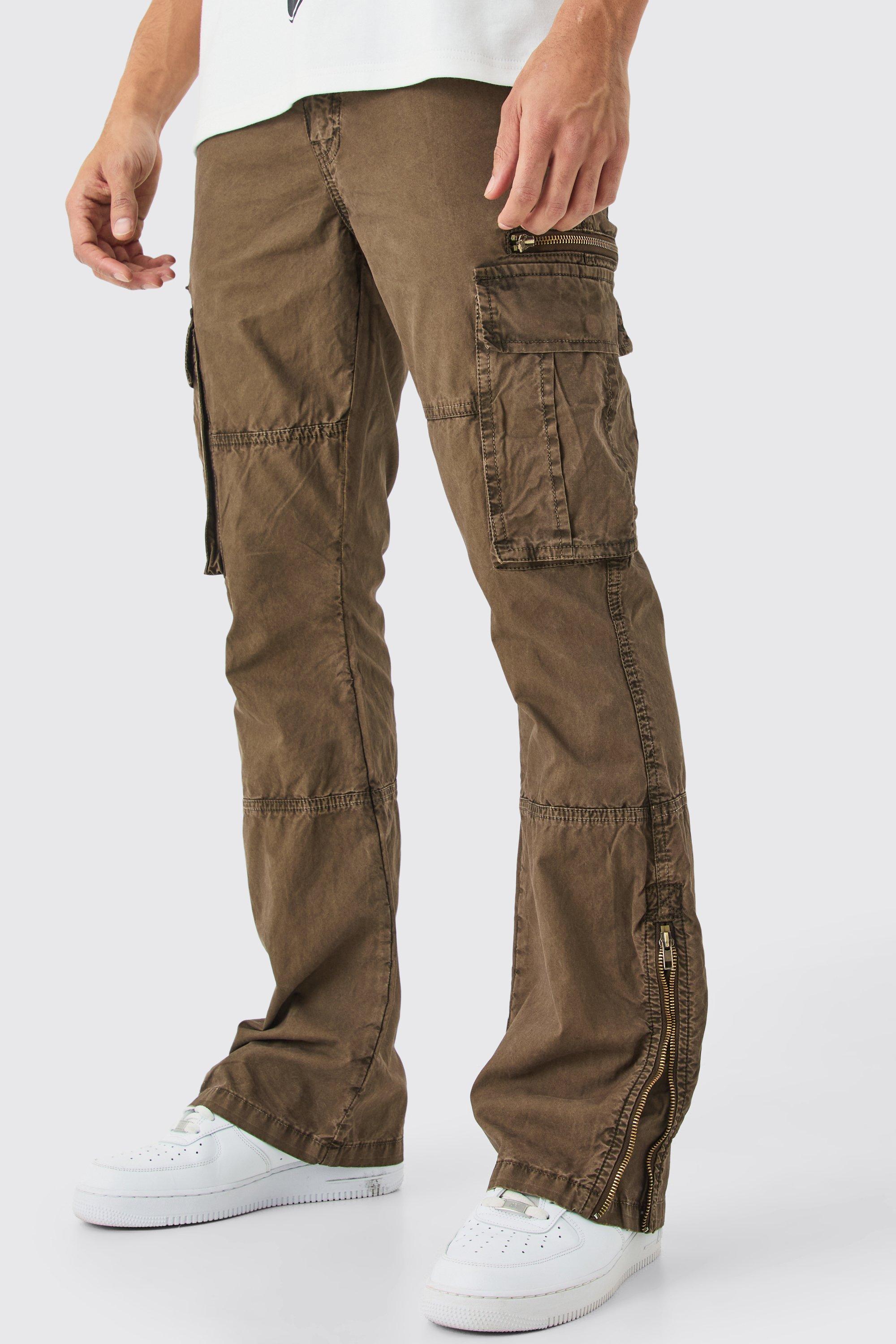 Slim Flare Zip Gusset Overdye Acid Wash Cargo Pants | boohooMAN USA product image