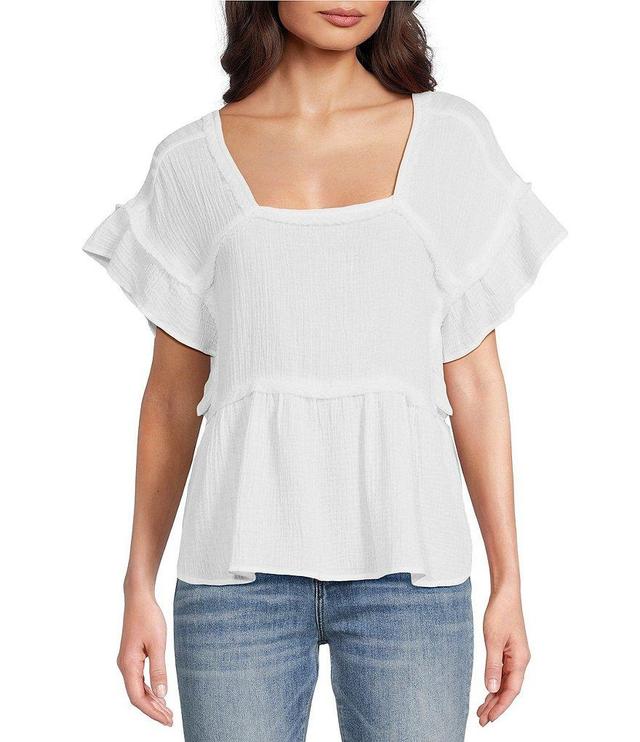 Reba Crinkled Cotton Gauze Woven Square Neck Short Flutter Sleeve Top Product Image