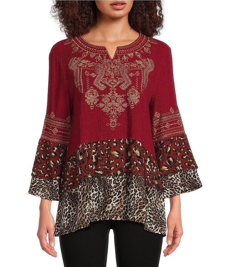 Calessa Embroidered Tiered Patchwork Print Split Round Neck 3/4 Sleeve Tunic Product Image