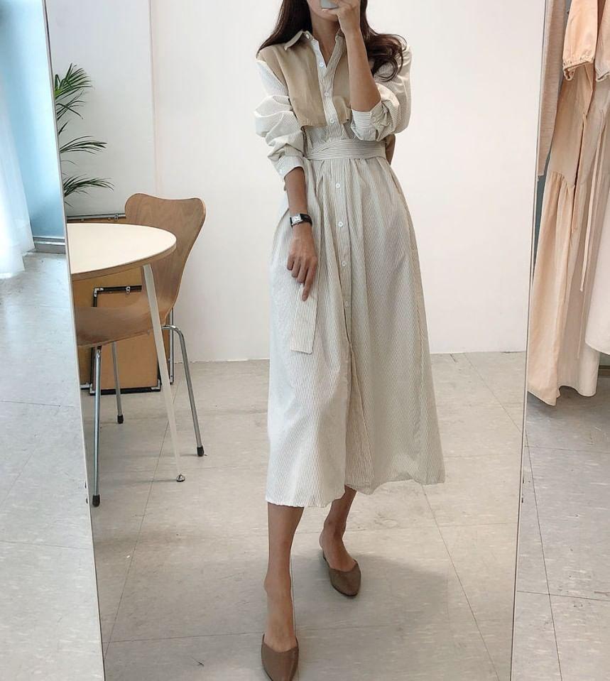 Long Sleeve Collared Striped Panel Midi A-Line Shirt Dress Product Image