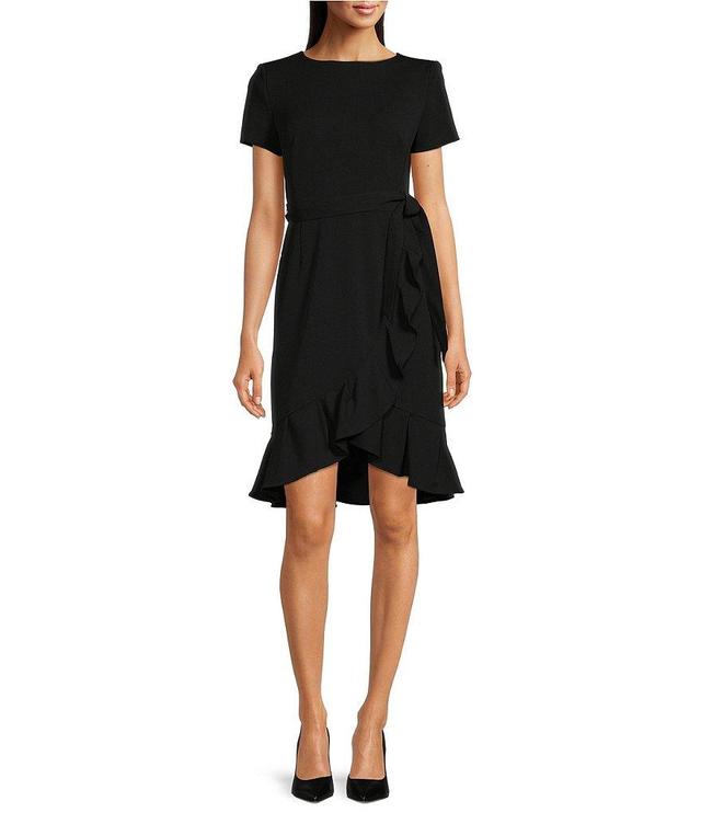 Calvin Klein Boat Neck Short Sleeve Belted Ruffle Hem Faux Wrap Dress Product Image