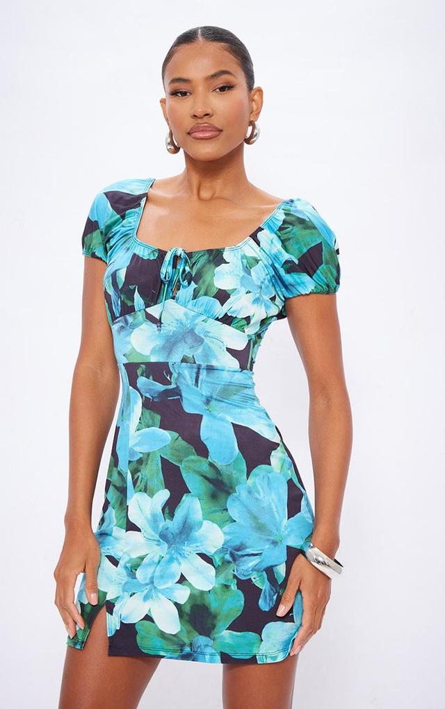 Green Floral Slinky Tie Short Sleeve Shift Dress Product Image