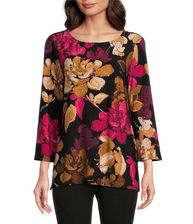 Slim Factor By Investments Scattered Bouquet Print Boat Neck Flared Bracelet Sleeve Heat Set Knit Top Product Image