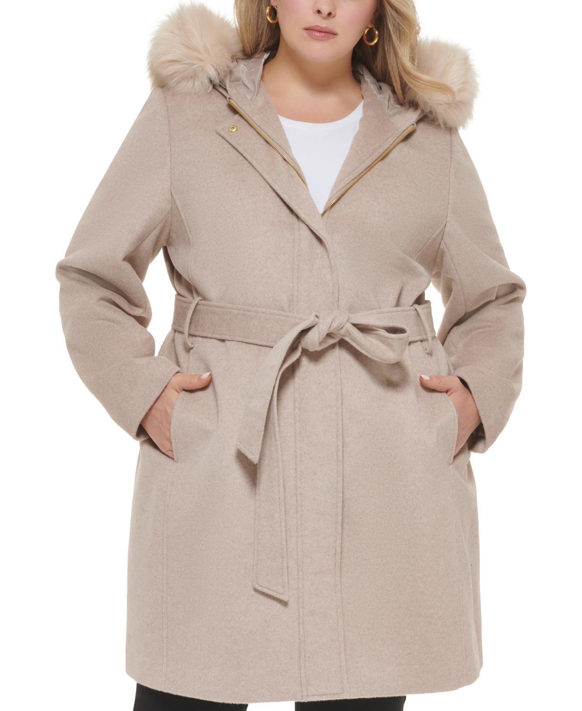 Cole Haan Womens Plus Size Faux-Fur-Trim Hooded Coat, Created for Macys Product Image