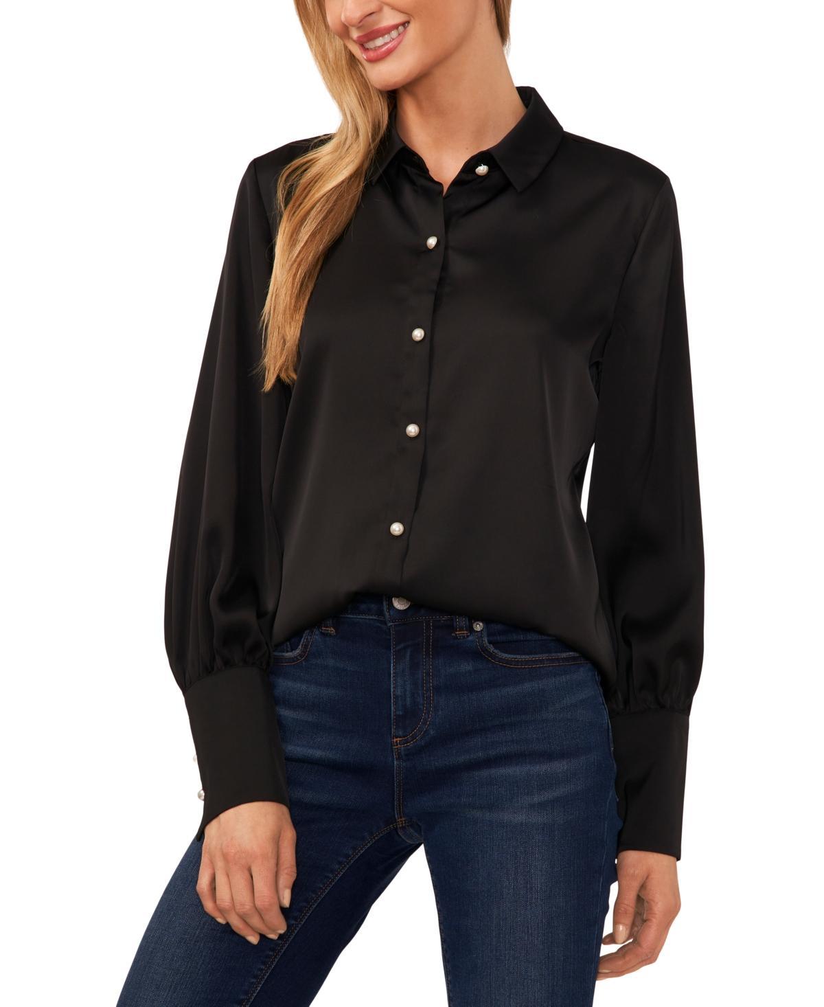 CeCe Womens Luxe Satin Imitation Pearl Button Down Blouse Product Image