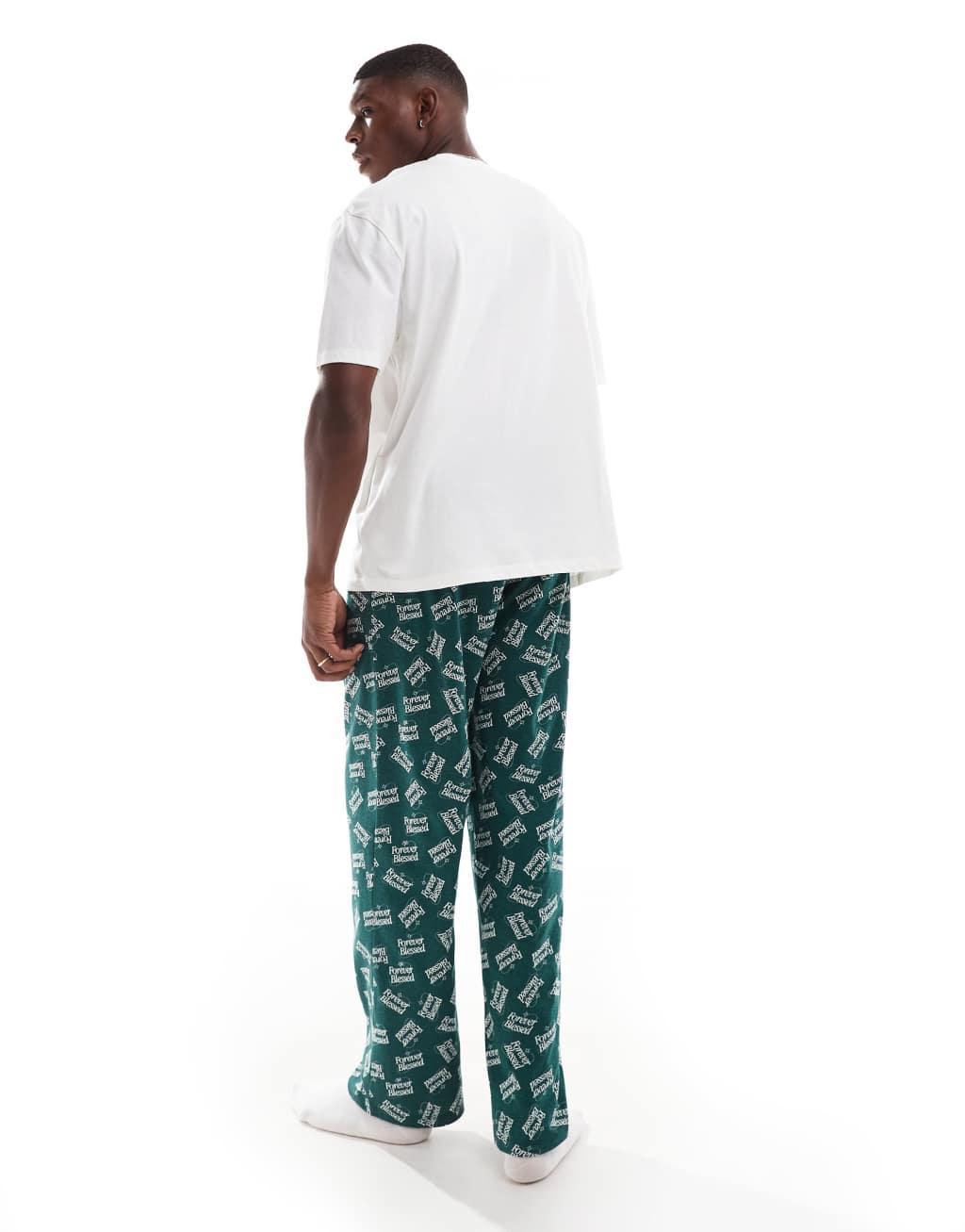 ASOS DESIGN pajama set with Forever Blessed graphics in dark green Product Image