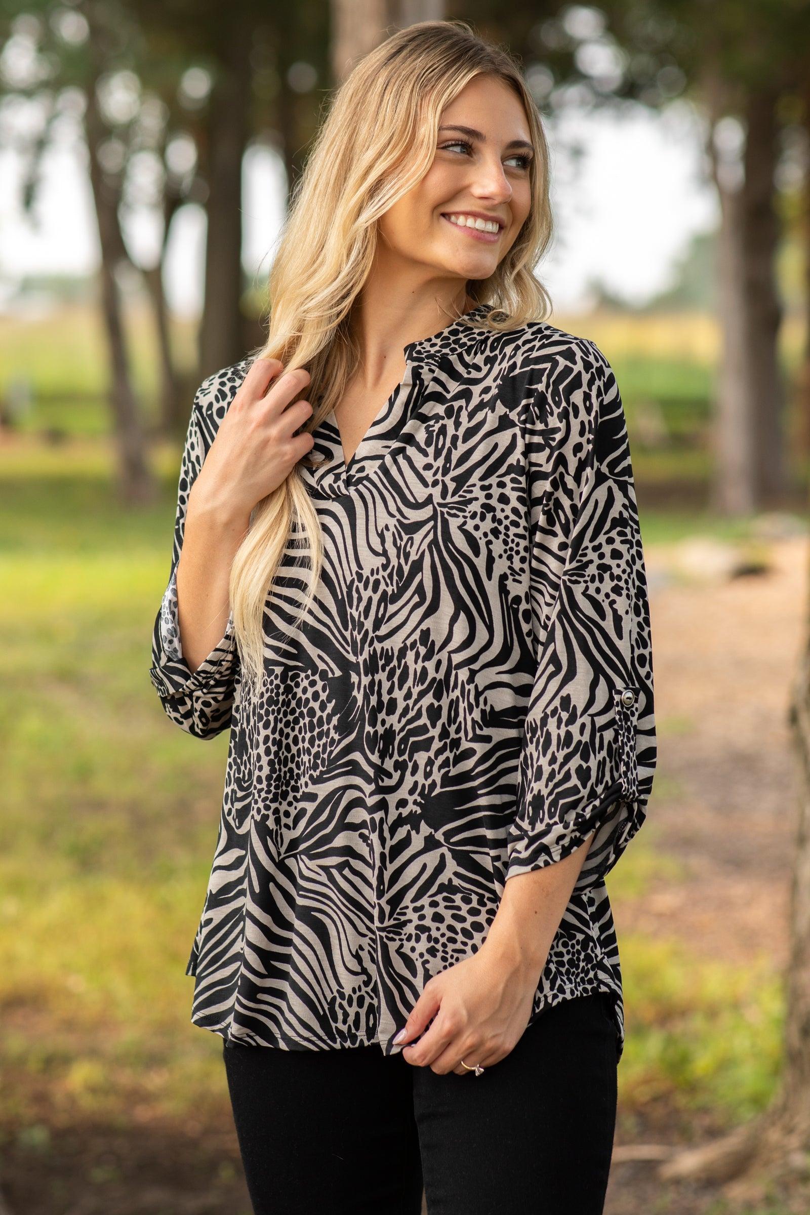 Black Zebra Wrinkle Free Knit Top Product Image