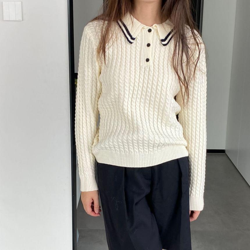 Contrast Trim Cable Knit Polo Sweater Product Image