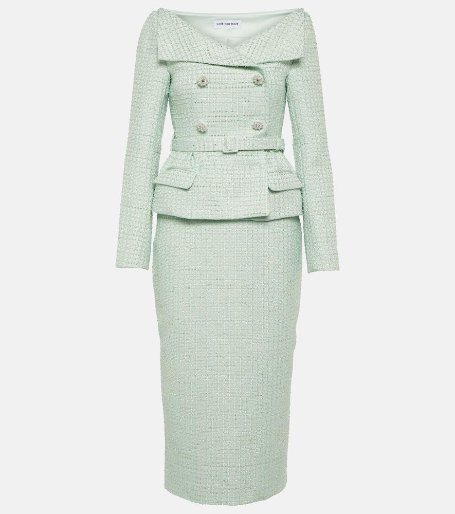 Double-breasted Tweed Midi Dress In Green Product Image