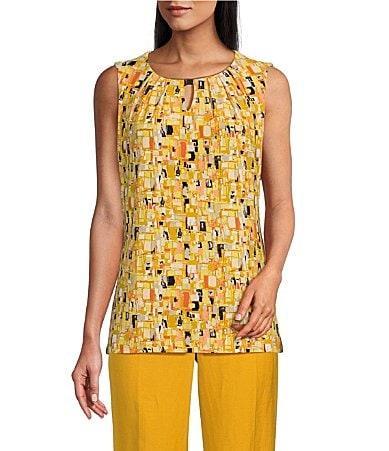 Kasper Abstract Print Pleated Keyhole Neck Sleeveless Fitted Top Product Image