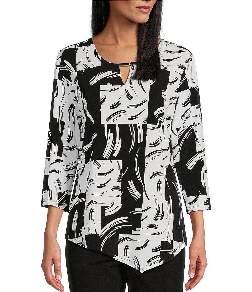 Allison Daley Patchwork Print 3/4 Sleeve Keyhole Neck Asymmetric Hem Knit Top Product Image