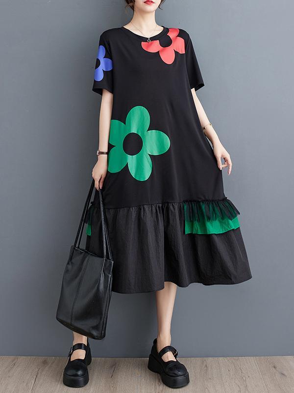 Loose Short Sleeves Floral Printed Split-Joint Round-Neck Midi Dresses Product Image