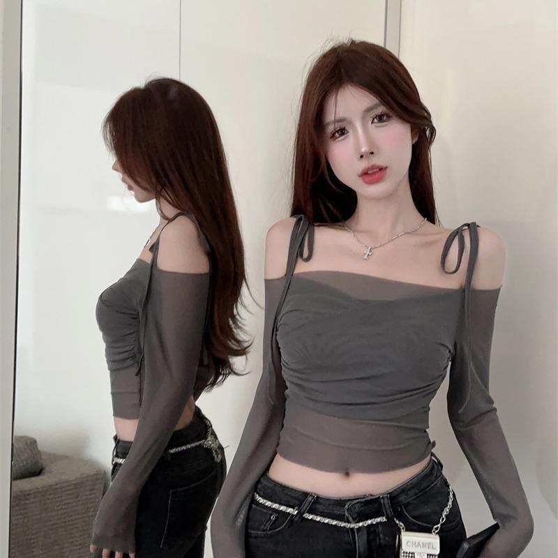 Long Sleeve Cold Shoulder Plain Ruched Mesh Top Product Image