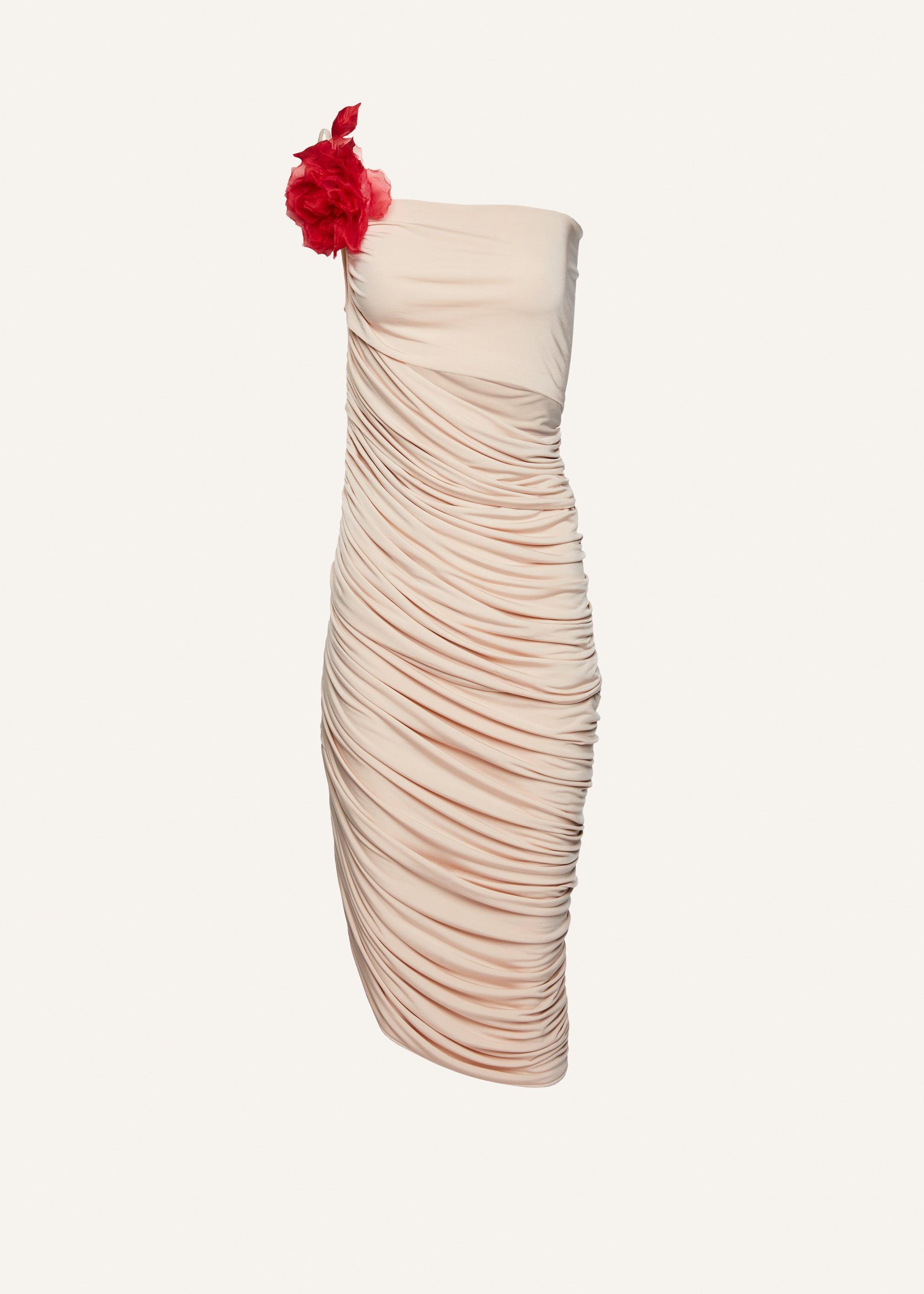 One-shoulder rose-embellished dress in beige Product Image