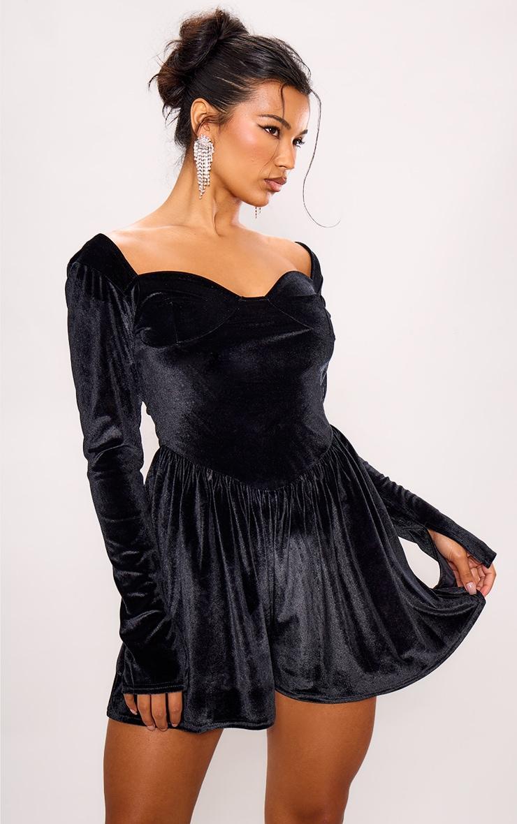 Black Velvet Cup Detail Long Sleeve Skater Romper product image