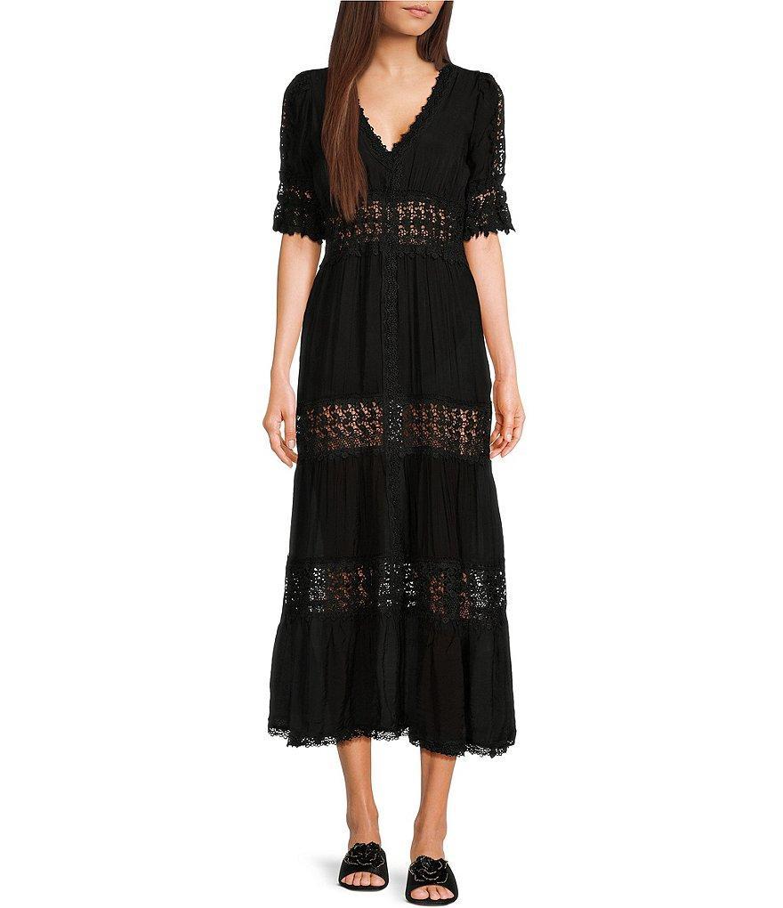 ELAN Short Sleeve V-Neck Crochet Tiered Maxi Dress Product Image