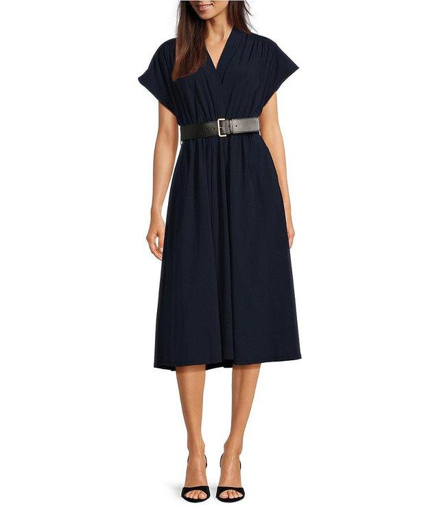 Calvin Klein Short Sleeve V-Neck Belted Belted Midi Dress Product Image