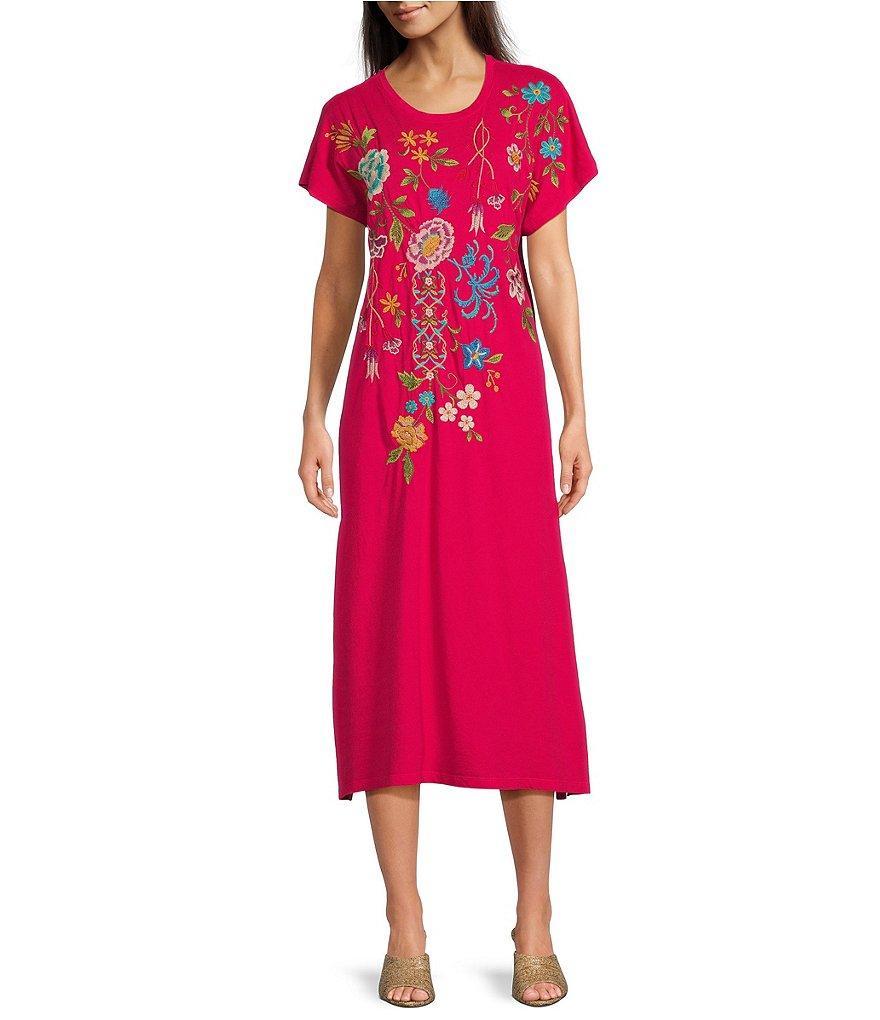 JOHNNY WAS Sheri Relaxed Knit Embroidered Placement Floral Motif Short Sleeve Midi Shift Dress Product Image