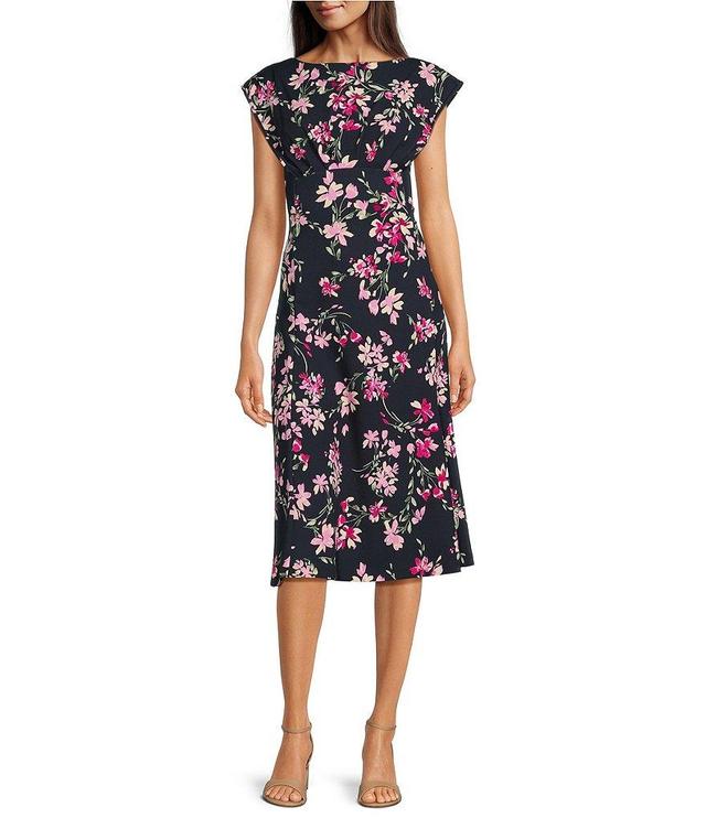 Calvin Klein Short Sleeve Boat Neck Floral Scuba Crepe Midi Dress Product Image