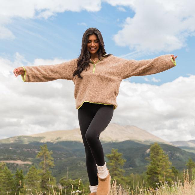 My Go To Taupe and Lime Sherpa Quarter Zip Hooded Pullover FINAL SALE Product Image