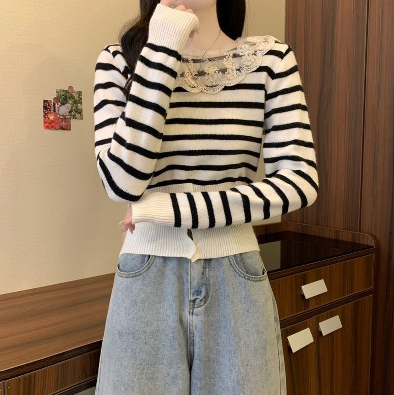 Long-Sleeve Lace Panel Button Hem Knit Top Product Image