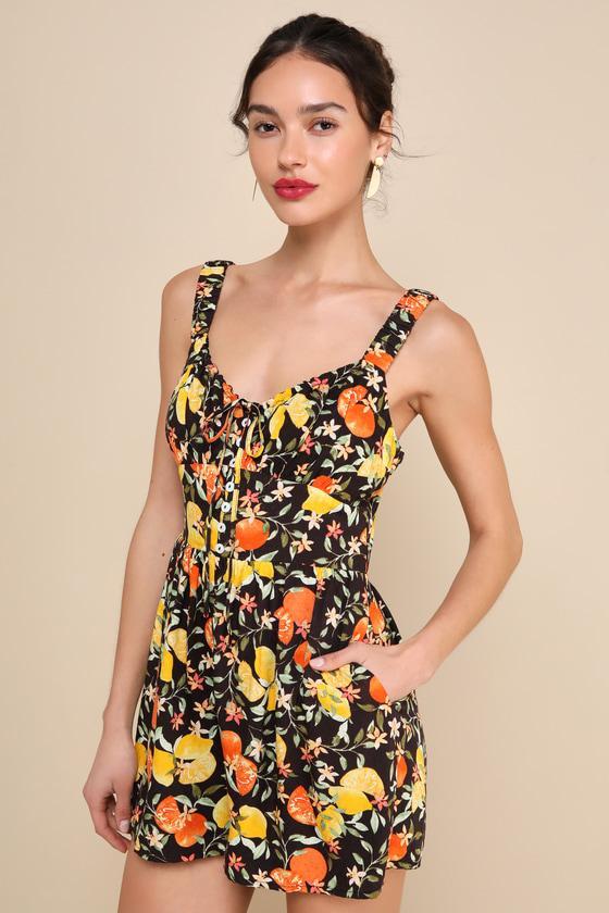 Wandering Rome Black Fruit Print Textured Sleeveless Romper Product Image