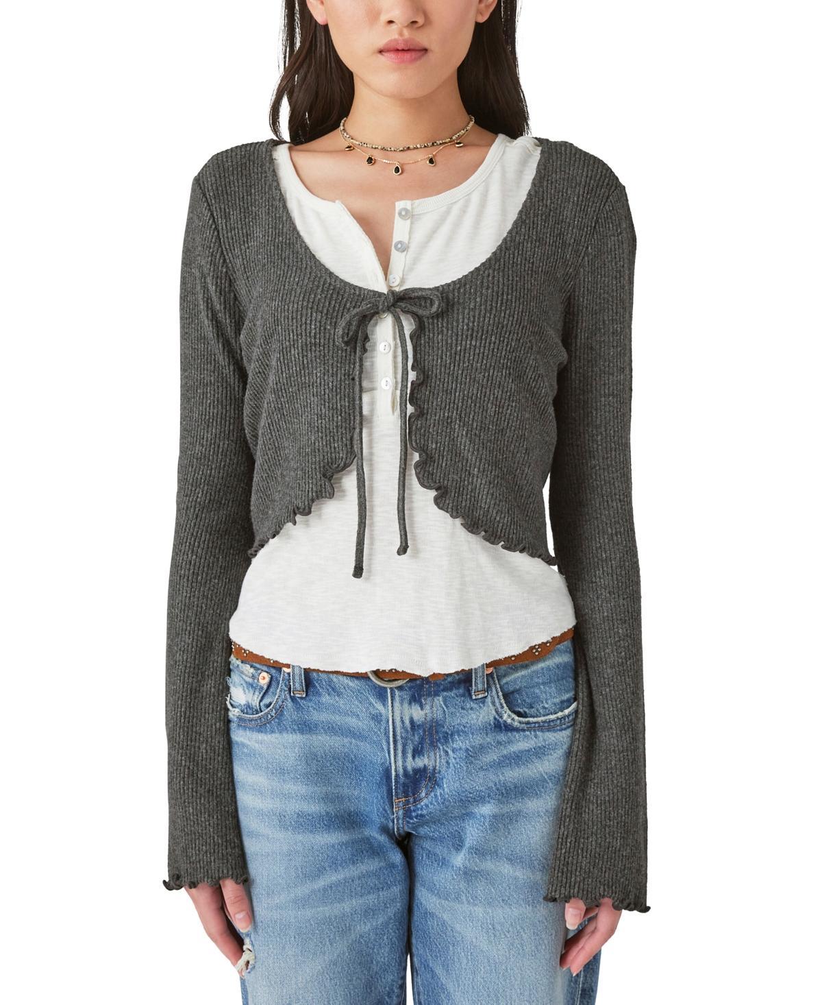 Lucky Brand Cloud Rib Tie Top - Womens Clothing Tops Tees Shirts in Charcoal Heather Grey Product Image