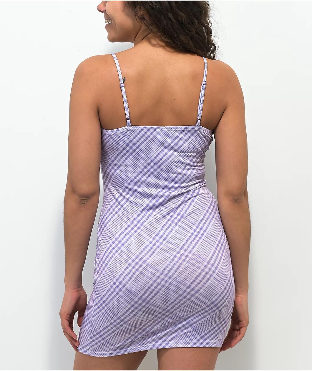 Empyre Dove Purple Plaid Lace Slip Dress Product Image