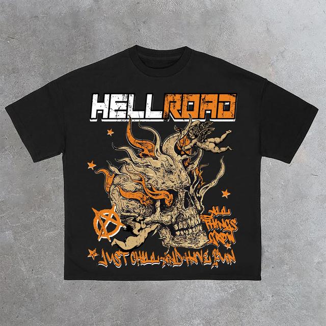 Hell Road Flame Skull Angel Print Cotton T-Shirt Product Image