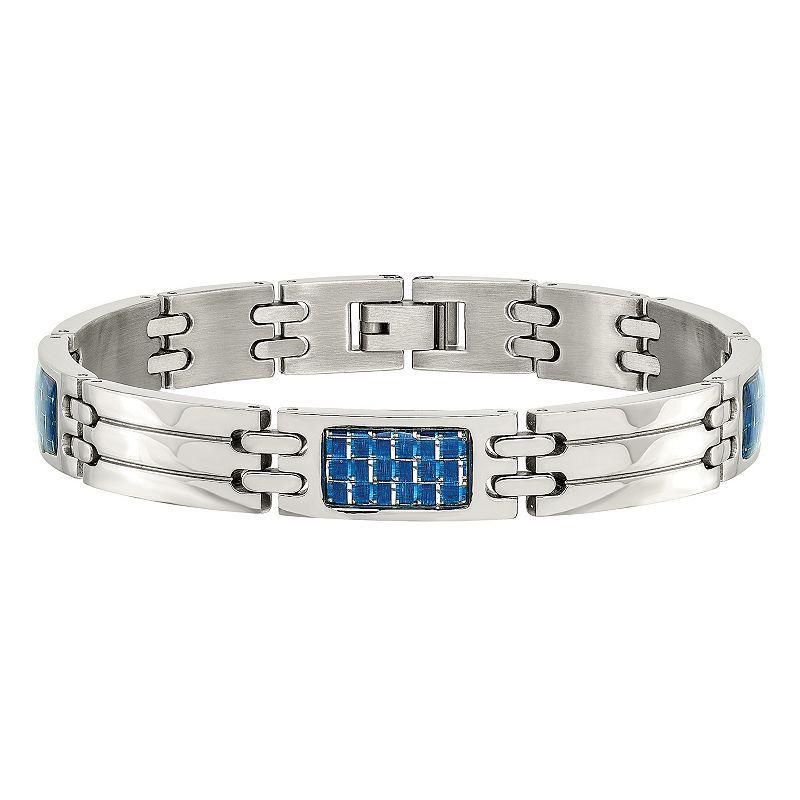 Mens Stainless Steel Blue Carbon Fiber Inlay Bracelet Product Image