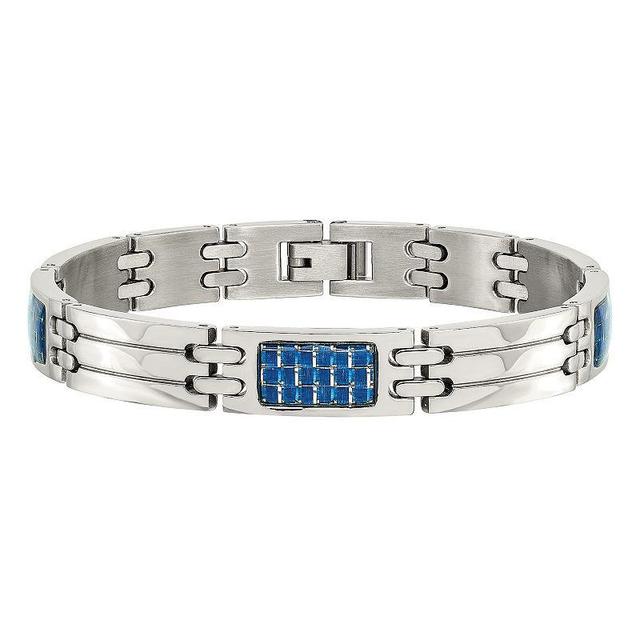 Mens Stainless Steel Blue Carbon Fiber Inlay Bracelet Product Image