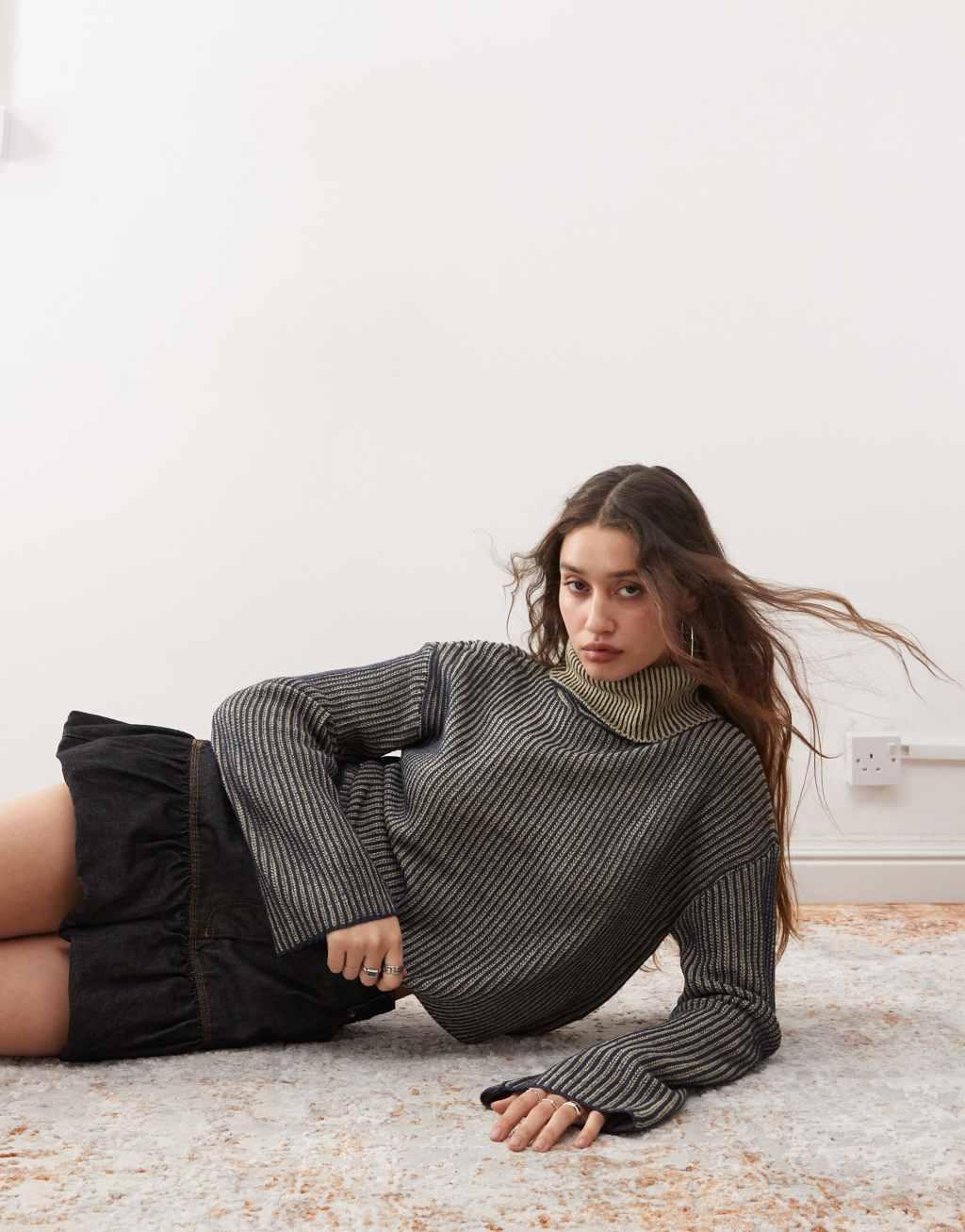 Noisy May roll neck ribbed sweater in washed gray Product Image