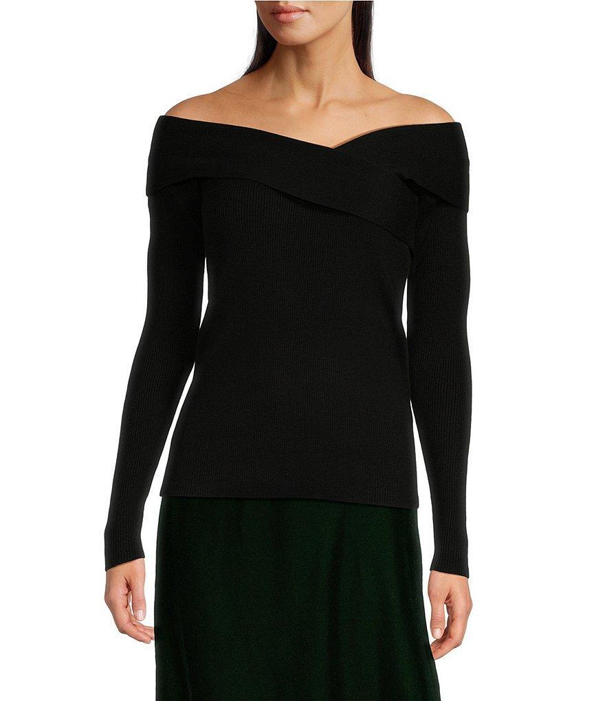 Lauren Ralph Lauren Stretch Cotton Rib-Knit Crisscross Off-The-Shoulder Neck Long Sleeve Slim Fit Top product image