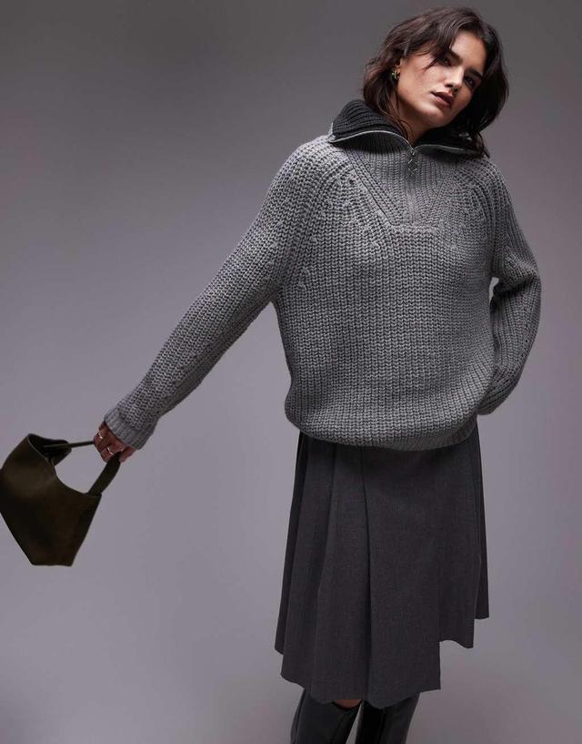 Topshop knitted quarter zip collar sweater in gray Product Image