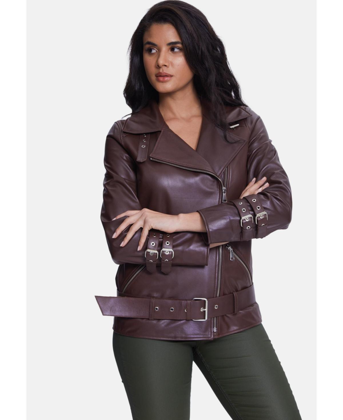 Furniq Uk Womens Genuine Leather Belted Biker Jacket,Nappa Brown Product Image