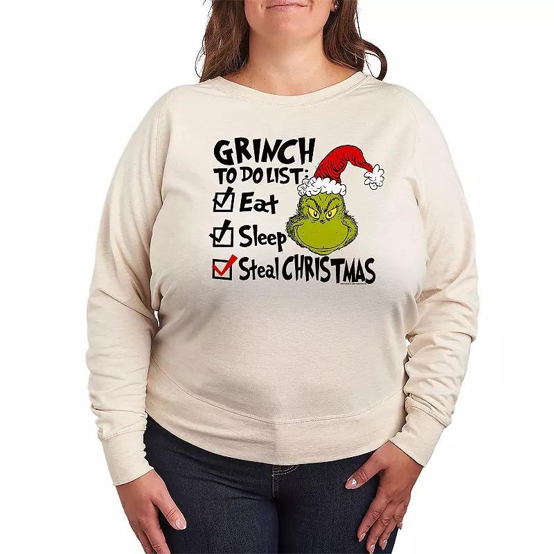 Plus Size Dr. Seuss The Grinch To Do List Lightweight French Terry Sweatshirt, Womens Grey Green Product Image