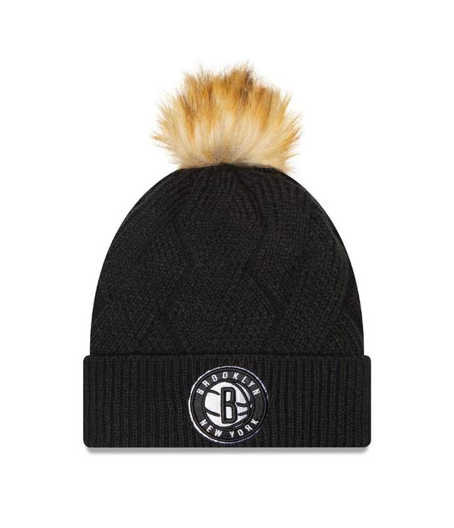 Womens New Era Black Brooklyn Nets Snowy Cuffed Knit Hat with Pom Product Image