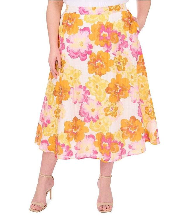 CeCe Plus Size Floral Print High Rise Midi A-Line Skirt Product Image