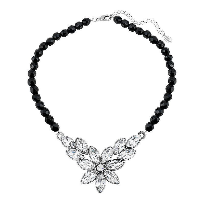 1928 Silver Tone Simulated Crystal Flower Frontal Necklace, Womens, Black Product Image