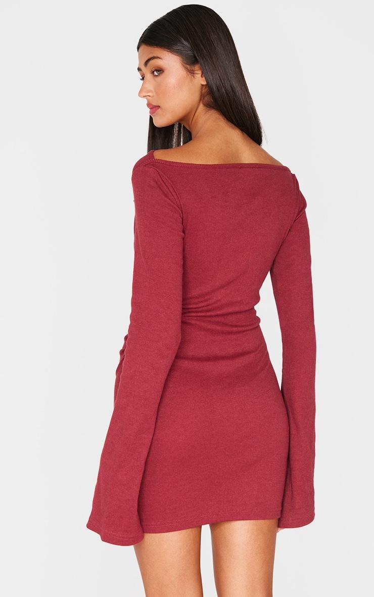 Burgundy Ribbed Ruched Detail Flare Sleeve Mini Dress Product Image